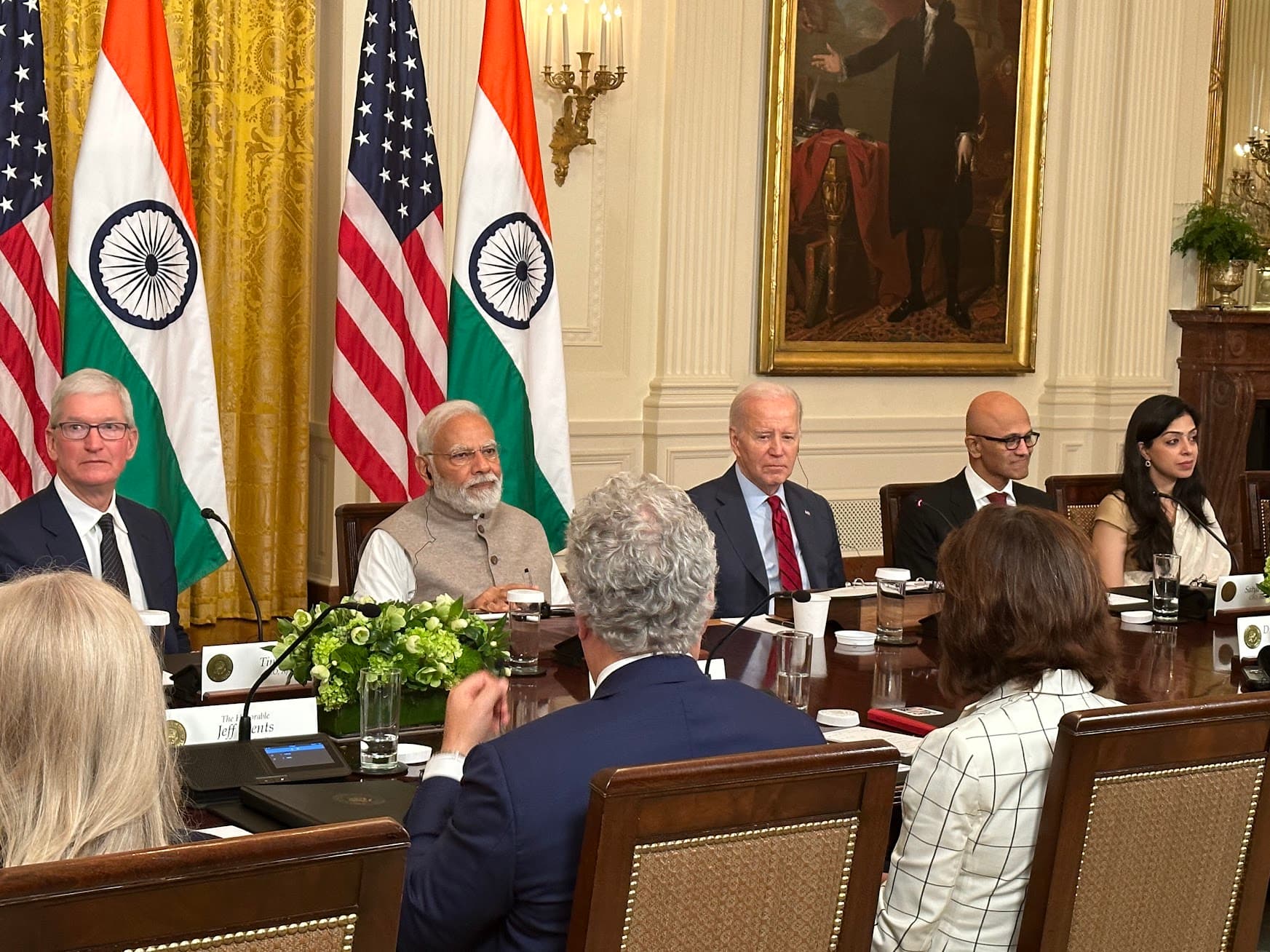 Prime Minister Narendra Modi and President Joe Biden having talks with top CEOs from India and the US in the East Room of the White House on June 23