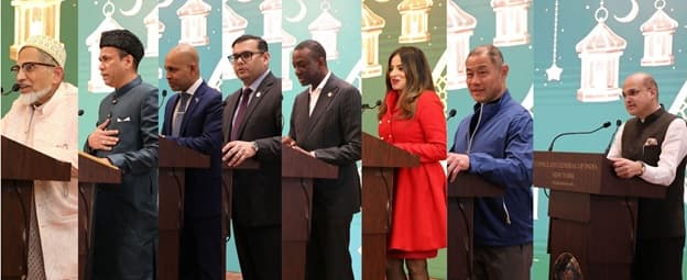 From left, Ahmed Shakir, Ilayas Quraishi, Sibu Nair, Kashif Hussain, Yusuf Salaam, Jenifer Rajkumar, John Liu, and Dr. Varun Jeph delivering remarks at the Consulate General of India in New York on April 21, 2024.