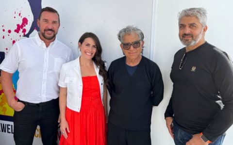 Bill Inman, CEO of Dectec; Stacey Engle, CEO of Twin Protocol; Deepak Chopra, MD; and Poonacha Machaiah, Co-founder of Cyberhuman.ai., announce the groundbreaking Deepak Chopra AI Twin, a collaboration at the intersection of well-being, AI, and technology.