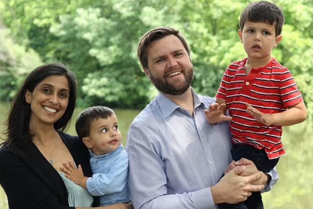 Republican Vice Presidential nominee JD Vance, with his wife Usha Chilukuri Vance and two of their three children.