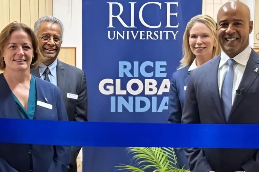 (L-R) Amy Dittmar, Howard R. Hughes Provost and senior vice president for academic affairs; Ramamoorthy Ramesh, executive vice president for research; Caroline Levander, vice president for global; Reginald DesRoches, president.