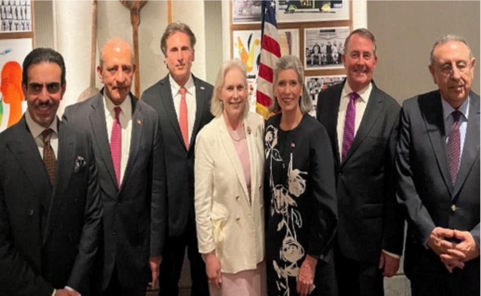 L to R: Youseff Amrani, Ambassador of Morrocco; Sir Liam Fox, Abraham Accords, UK; Senator Joni Ernst (R-IA); Senator Kristen Gillibrand (D-NY); Allen Bird, Abraham Accords Prosperity Group; Arthur Kapoor, Chairman, American Hindu Jewish Congress, Ambassador Shaikh Abdulla Al Khalifa, Kingdom of Bahrain