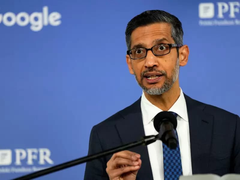 Alphabet and Google CEO Sundar Pichai speaks to media following his meeting with Polish Prime Minister Donald Tusk (not pictured) at Google Campus in Warsaw, Poland, February 13, 2025.