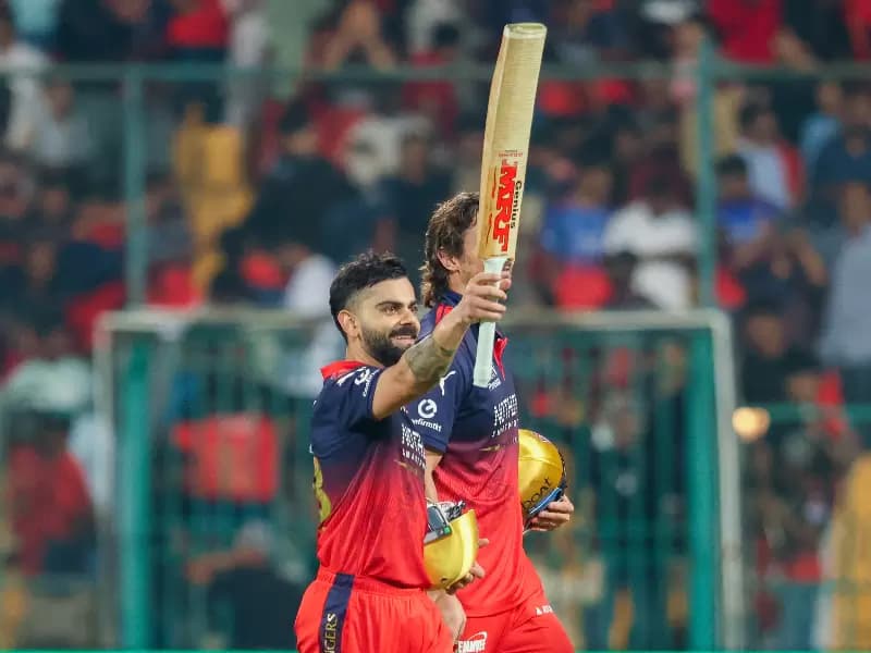 Bengaluru's Virat Kohli celebrates after winning the Indian Premier League (IPL) 2026 match against Sunrisers Hyderabad at M. Chinnaswamy Stadium in Bengaluru on Saturday, March 28, 2026.