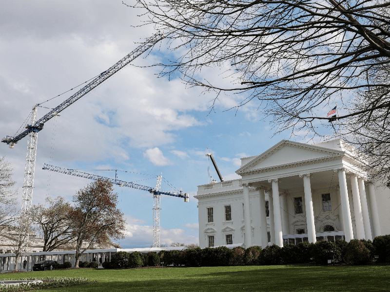 Construction cranes work on White House East Wing renovations in Washington, D.C., U.S., March 17, 2026.