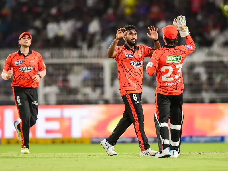Sunrisers Hyderabad's Eshan Malinga celebrates with teammates the wicket of Kolkata Knight Riders' Ramandeep Singh during the Indian Premier League (IPL) 2026 match between Kolkata Knight Riders and Sunrisers Hyderabad at Eden Gardens in Kolkata on Thursday, April 2, 2026.