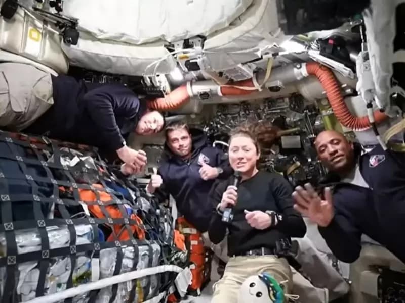 NASA Artemis II crew members Jeremy Hansen, Reid Wiseman, Christina Koch, and Victor Glover answer questions from reporters during the first downlink event of their mission April 2, 2026.