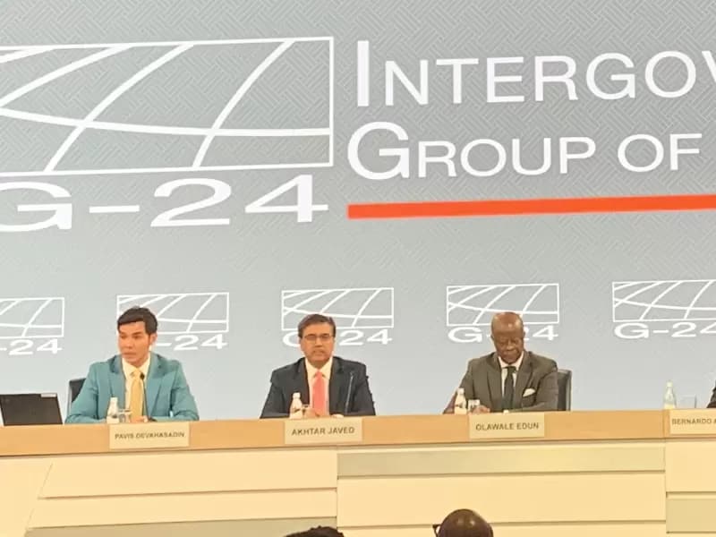 (L-R) Pavis Devahasadin, Communications Officer, IMF, Akhtar Javed, Olawale Edun, Bernardo Acosta, Iyabo Masha