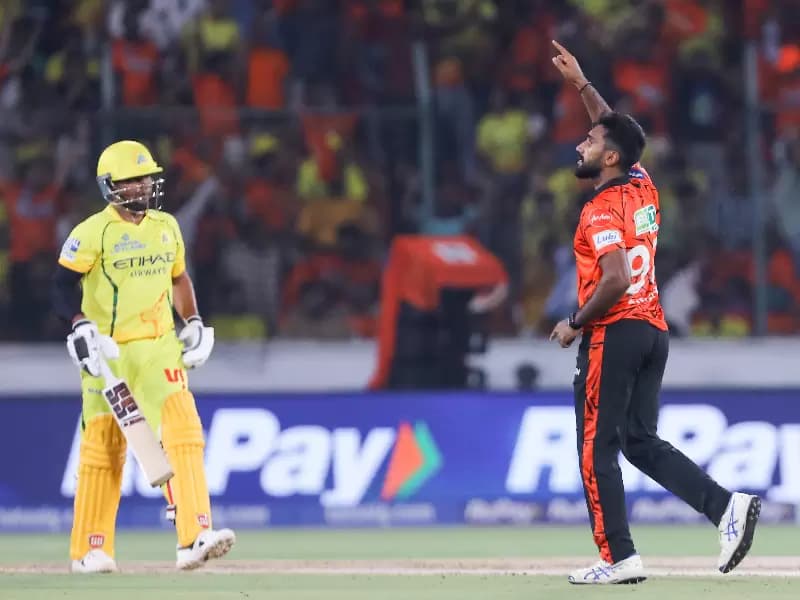 Sunrisers Hyderabad's Eshan Malinga celebrates after the dismissal of Chennai Super Kings' Sarfaraz Khan during the Indian Premier League 2026 match between Sunrisers Hyderabad and Chennai Super Kings at Rajiv Gandhi International Stadium, Hyderabad, Saturday, April 18, 2026.