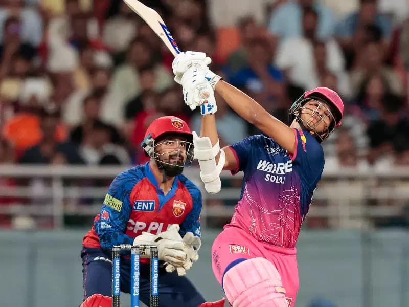 Rajasthan Royals' Yashasvi Jaiswal plays a shot during the Indian Premier League (IPL) 2026 match between Punjab Kings and Rajasthan Royals at the Maharaja Yadavindra Singh PCA Stadium in New Chandigarh on Tuesday, April 28, 2026.