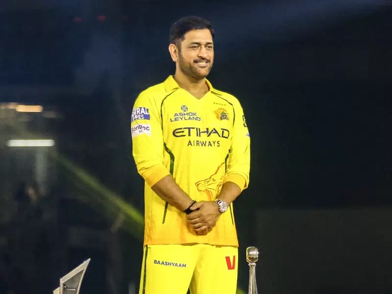 Chennai Super Kings' player MS Dhoni poses for photographs during the ‘ROAR 26’ promotional event ahead of the Indian Premier League (IPL) 2026 at MA Chidambaram Stadium in Chennai on Sunday, March 22, 2026.