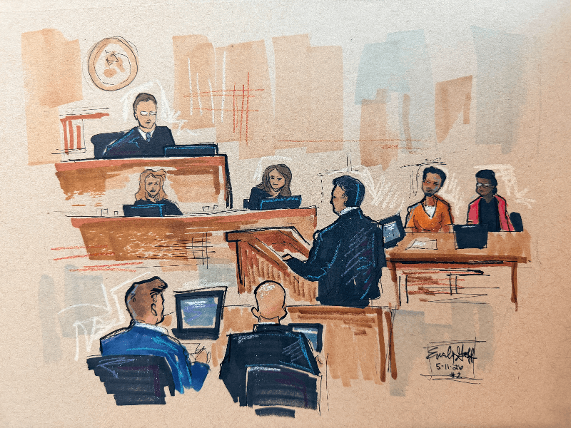 U.S. District Judge Trevor McFadden listens to Defense Attorney Eugene Ohm make arguments for Cole Allen, a suspect in the White House Correspondents' Association (WHCA) dinner shooting, as he sits near defense lawyer Tezira Abe and government lawyers Charles Jones and Adam Barry in the courtroom during a plea hearing after Allen was charged with attempting to assassinate U.S. President Donald Trump, in Washington D.C., U.S., May 11, 2026, in this courtroom sketch.