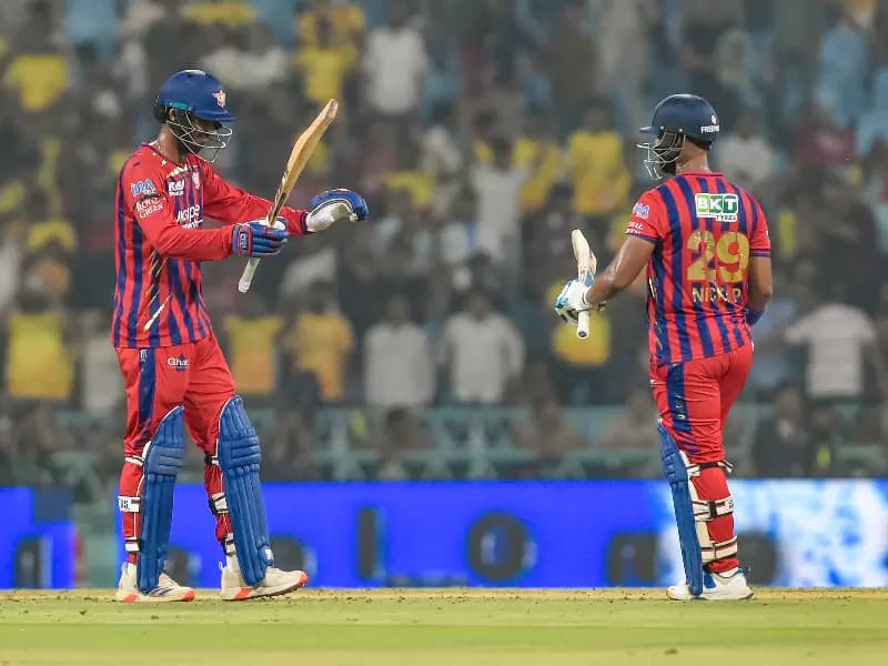 Lucknow Super Giants' Mukul Choudhary and Nicholas Pooran celebrate after Lucknow Super Giants defeated Chennai Super Kings by seven wickets during the Indian Premier League (IPL) 2026 match at Bharat Ratna Shri Atal Bihari Vajpayee Ekana Cricket Stadium, in Lucknow on Friday, May 15, 2026.