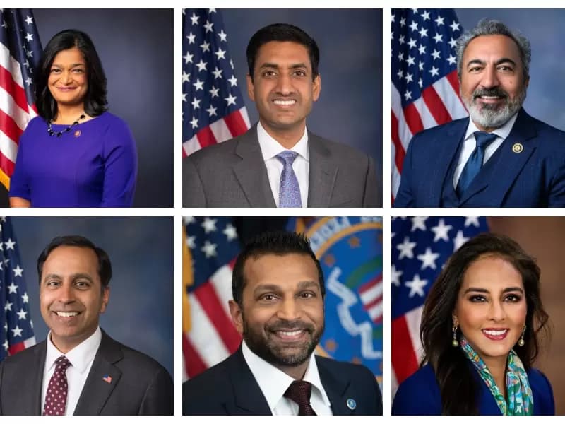 Pramila Jayapal, Ro Khanna, Ami Bera, Raja Krishnamoorthi, Kash Patel, and Harmeet Dhillon