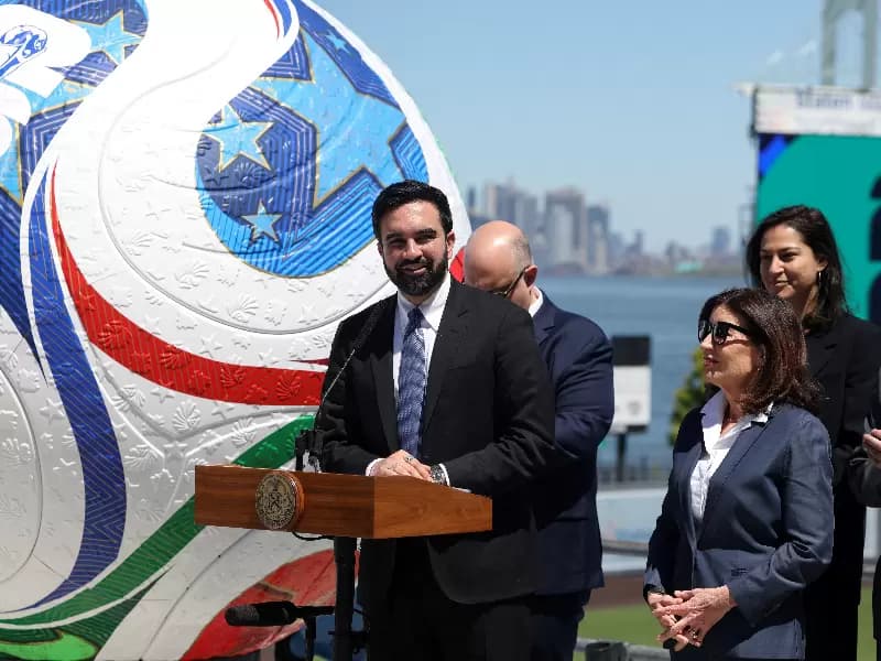 New York City Mayor Zohran Mamdani and New York Governor Kathy Hochul attend a press conference announcing an official fan zone for the FIFA World Cup 2026 in New York City, U.S., April 27, 2026.