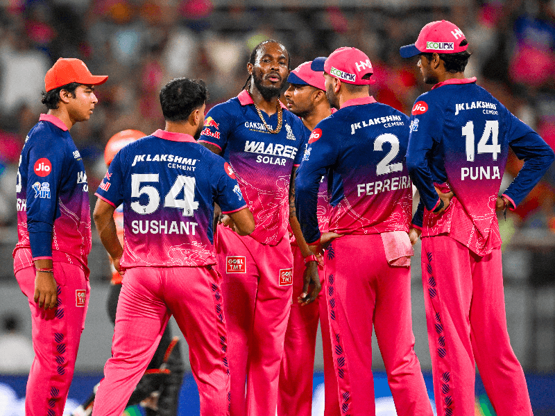 Rajasthan Royals' Jofra Archer celebrates with teammates the wicket of Sunrisers Hyderabad's Ishan Kishan during the Indian Premier League (IPL) 2026 Eliminator match between Sunrisers Hyderabad and Rajasthan Royals at the Maharaja Yadavindra Singh PCA Stadium in New Chandigarh on Wednesday, May 27, 2026.