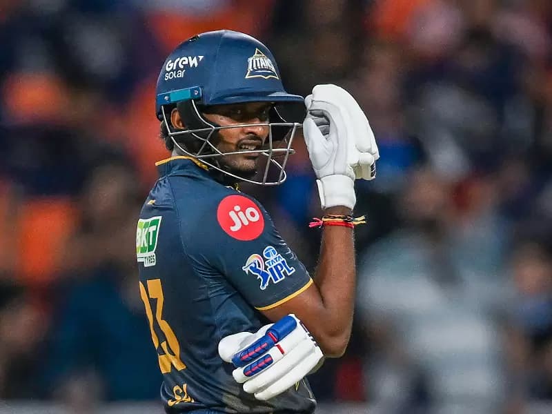 Gujarat Titans' Sai Sudharsan reacts after his dismissal during the Indian Premier League (IPL) 2026 Qualifier 2 match between Gujarat Titans and Rajasthan Royals at the Maharaja Yadavindra Singh International Cricket Stadium, Mullanpur, New Chandigarh, on Friday, May 29, 2026