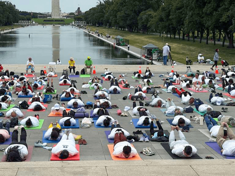 Washington DC: Yoga enthusiasts participate in International Yoga Day celebrations organised by the Indian Embassy at the historic Lincoln Memorial in Washington DC on Friday, June 19, 2026.