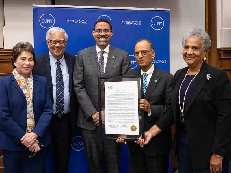 SUNY leaders honored UB President Satish K. Tripathi on June 2 for his 15 years leading the university. From left: SUNY Board of Trustees Chair Meryl Tisch, Vice Chair Cesar Perales, SUNY Chancellor John B. King Jr., Tripathi, and SUNY Trustee Eunice Lewin.