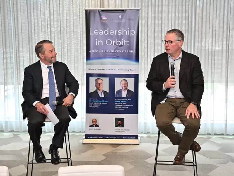 Dr. Jonathan Cirtain, CEO and President of Axiom Space, and Steve Kean, President and CEO of the Greater Houston Partnership, during the Leadership in Orbit fireside conversation hosted by IACCGH and GHP on June 8, 2026.