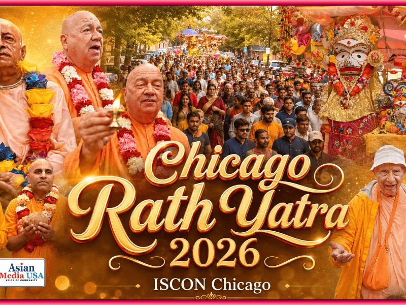 Devotees pull the chariots of Lord Jagannath, Lord Balabhadra (Balaram) and Lady Subhadra during ISKCON Chicago's 52nd annual Ratha Yatra in Chicago.