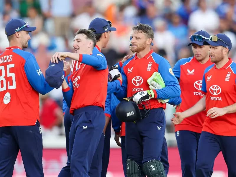 England players celebrate after their win in the third T20 International against India at Trent Bridge in Nottingham, England, on Tuesday, July 7, 2026.