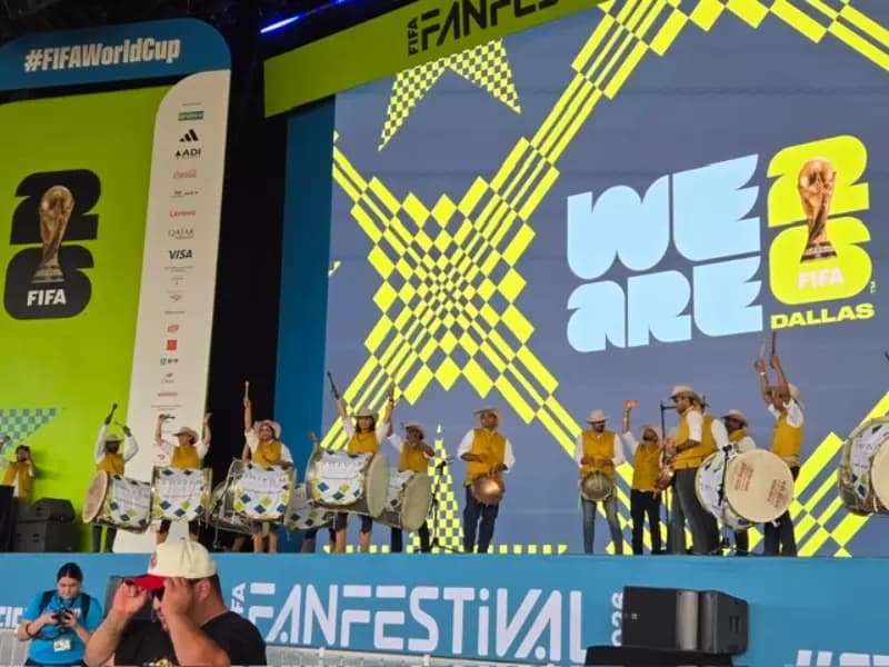 Shivam Dhol Tasha Pathak performs at the FIFA Fan Festival in Dallas ahead of the FIFA World Cup 2026 final celebrations.