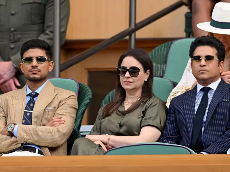 Shubman Gill joins Anjali & Sachin Tendulkar in Royal Box at Centre Court to watch Wimbledon men's singles semifinals on Friday.