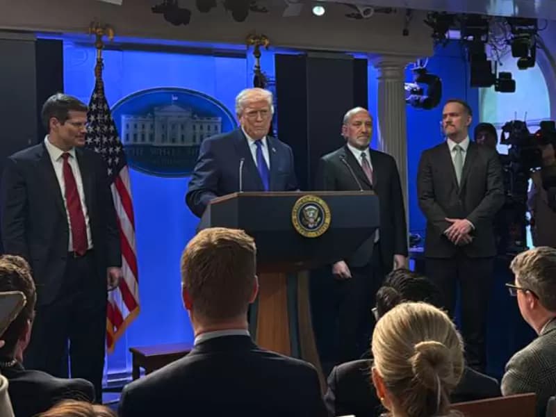 US President Donald Trump speaks during a press briefing at the White House in Washington on Friday, February 20, 2026.