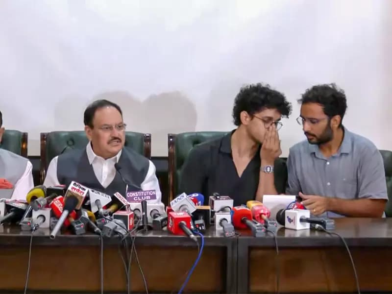 New Delhi: Union Ministers J.P. Nadda and Dr Jitendra Singh, along with Cockroach Janta Party (CJP) representatives Saurav Das and Ashutosh Ranka, address a joint press conference following the third round of talks at the Constitution Club of India in New Delhi on Saturday, July 25, 2026. The meeting was held after the resignation of Union Education Minister Dharmendra Pradhan amid protests over the alleged NEET-UG paper leak. )