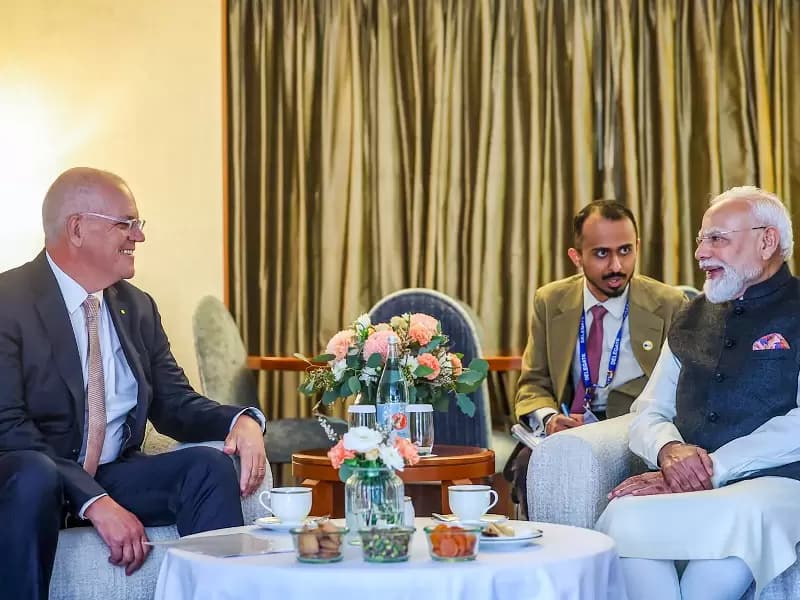 Prime Minister Narendra Modi and former Australian prime minister Scott Morrison click a selfie during a meeting in Melbourne, Australia, on Thursday, July 9, 2026.
