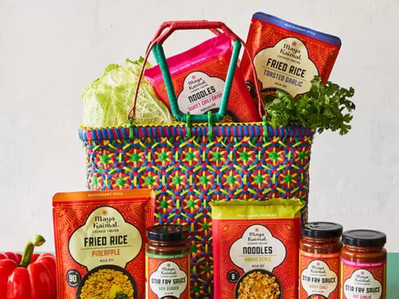 Maya Kaimal's Pineapple and Toasted Garlic Fried Rice, Hakka and Sweet Chili Crisp Noodles and Soy Ginger, Hot Garlic and Honey Chili Stir-Fry Sauces